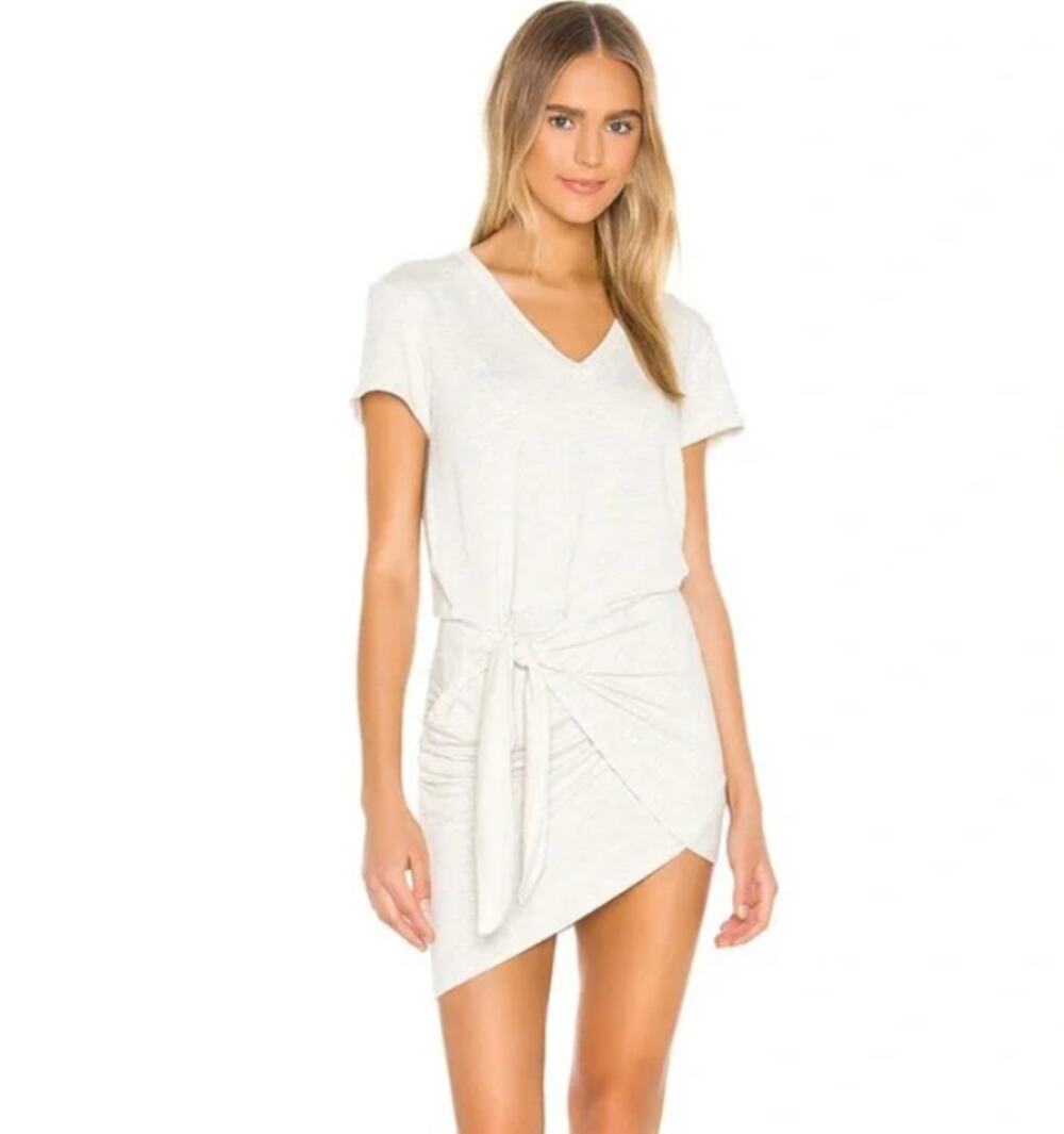 Monrow Super Soft Short Sleeve V-neck Dress in Light Heathered Grey Size L